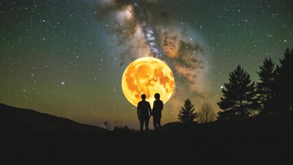 Silhouettes of a couple in love against the backdrop of a full moon and the Milky Way in a desert night landscape - Powered by Adobe