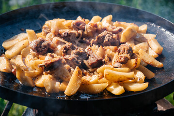 Fried meat and potatoes on a picnic. Cooking outdoors. 