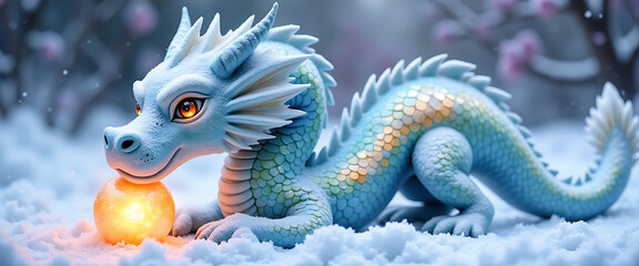Cute baby ice dragon with glowing orb in snowy landscape, fantasy art