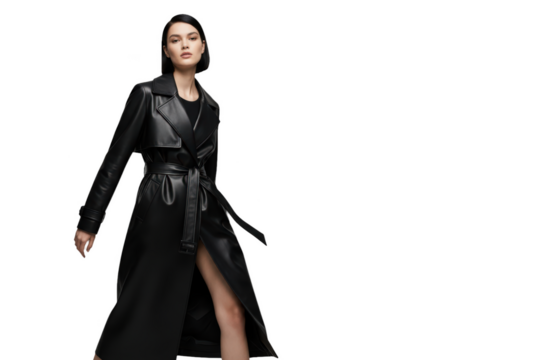 A woman in a long black leather coat with a side slit, standing confidently, against transparent background