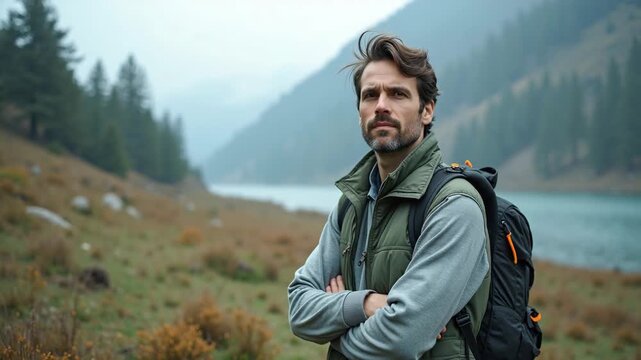 A tourist in a windbreaker stands on the shore of a mountain lake on a cloudy day.