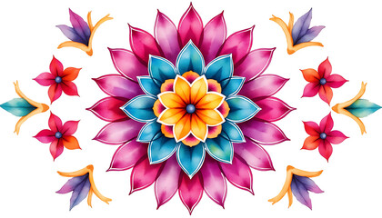 Colorful mandala flower design with smaller floral elements isolated on white background
