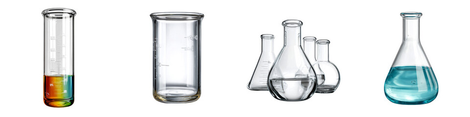 Glass laboratory beakers and flasks filled with colorful liquids on transparent background