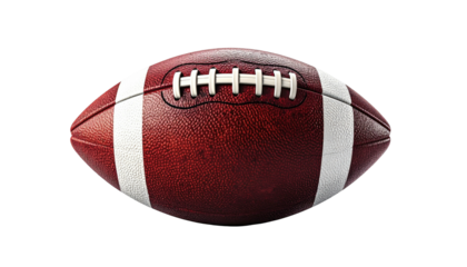 American football is red/brown with white stripe accents