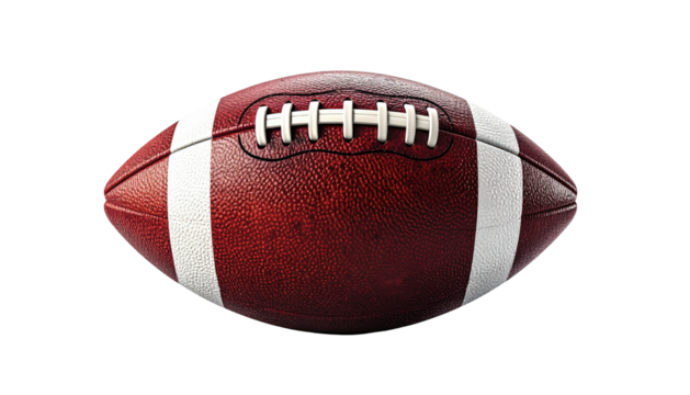 American football is red/brown with white stripe accents