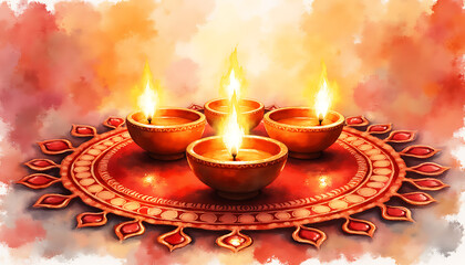 Four burning diyas on a decorative plate during diwali festival celebration