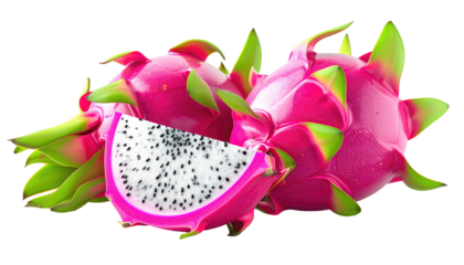 Three dragon fruits, one cut, exposing white flesh