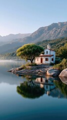 Obraz premium Serene White Island Church Nestled Beside Calm Blue Water with Lush Green Trees and Majestic Mountain Backdrop Under Clear Sky