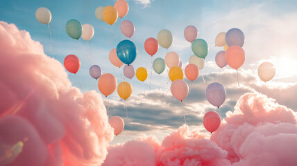 Colorful balloons float in a bright blue sky with fluffy pink clouds on a sunny day scene