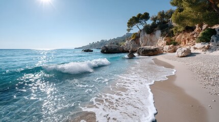 Sunny beach with gentle waves crashing on shore under clear blue sky and bright sun in the distance with lush green trees on rocky cliffs above the sand
