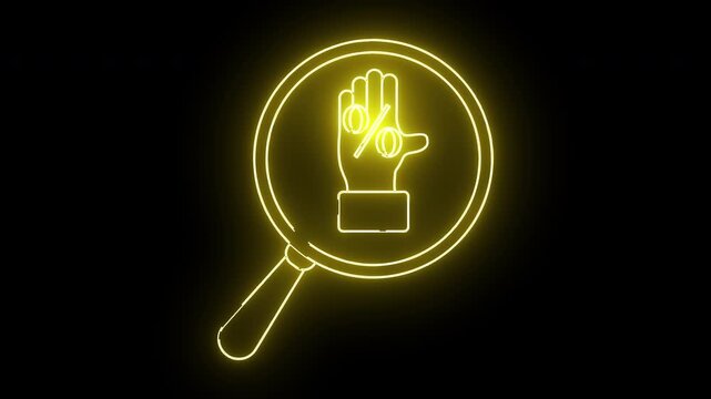 A magnifying glass highlights a neon hand symbol with a percentage sign