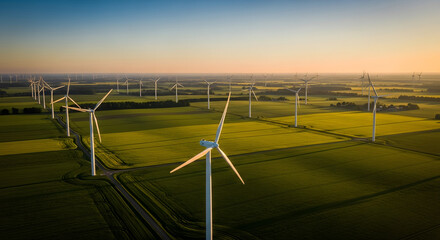Aerial Drone View of Wind Turbines Across Rural Fields at Sunrise