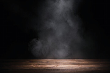 Mysterious smoke rising dramatically above rustic wooden surface creating atmospheric stage for...
