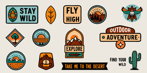 Collection of retro outdoor adventure badges and patches with nature and travel themes © SreemotiRaba
