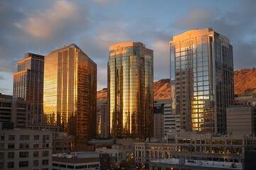 Naklejka premium Vibrant city skyline illuminated by golden hour sunlight reflecting off tall buildings and glass
