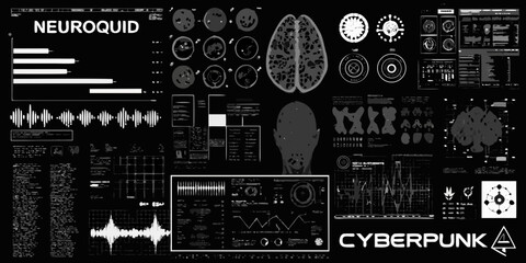 Futuristic cyberpunk neuro interface displaying brain scans and data visualizations