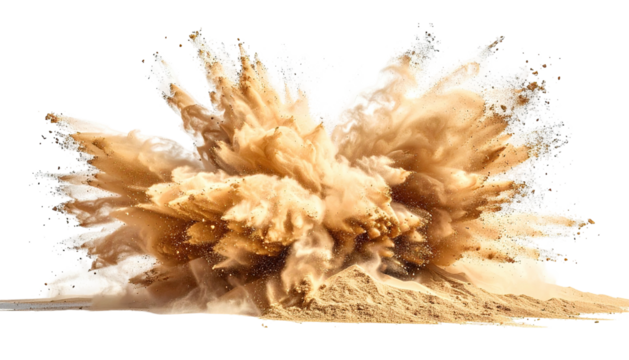 Powerful, dynamic burst of tan particulate matter filling frame