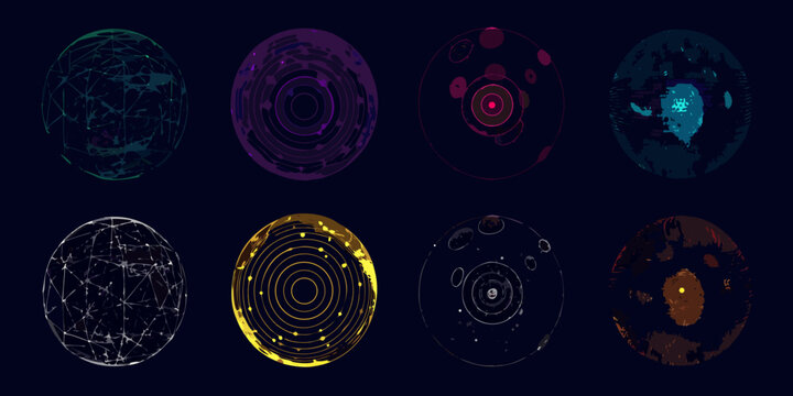 Collection of eight abstract digital spheres with futuristic geometric and organic designs in various colors
