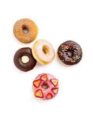 Delicious iced ring donuts with colorful sprinkles isolated on white background.