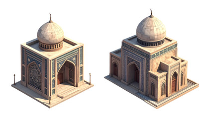 Two isometric Islamic architecture element variations with arches and domes isolated on transparent background.