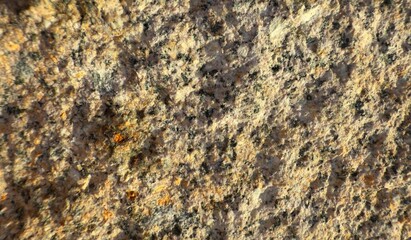 Close-up of natural granite rock surface with coarse-grained texture and speckled mineral pattern in shades of gray, white, black, and orange-brown under directional light