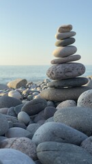 Balanced stack of smooth stones on a pebble beach with ocean waves and sailboat in the background under a clear sky at sunset