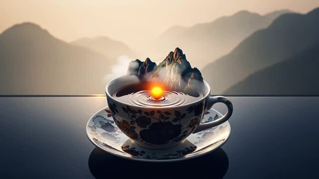 Surreal Coffee Cup Landscape: Sunrise Over Mountains in a Teacup