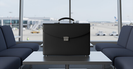 Professional black briefcase on a table in a modern airport terminal.