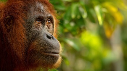 Fototapeta premium Majestic orangutan portrait showcasing deep, soulful eyes and rich auburn fur against a lush, blurred tropical forest background of vibrant greens and yellows