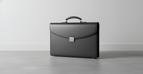 Classic black professional briefcase resting on a gray floor in a clean environment
