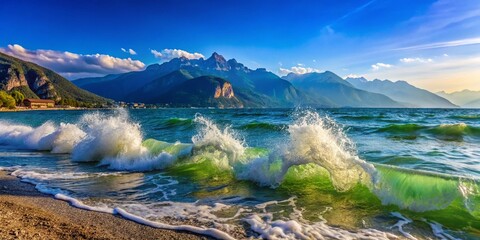 Obraz premium Dramatic Lake Garda Waves Crashing Against Shore, Monte Baldo Mountain Background, Italy