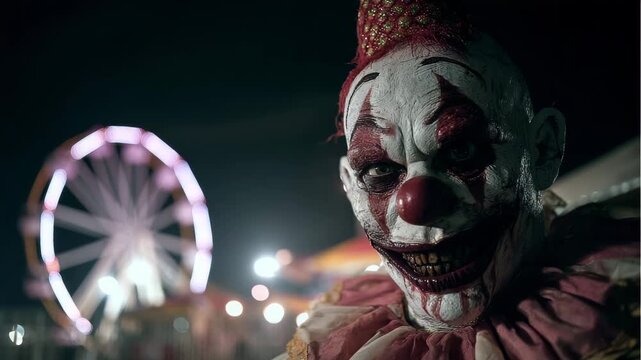Creepy Evil Clown with Sinister Smile at Night Carnival Horror Character with Ferris Wheel Background Scary Halloween Costume Concept for Haunted Attraction

