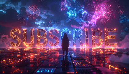 Subscribe Message with Glowing Fireworks and Futuristic Neon Lights – Social Media Growth Concept