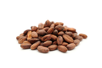 Fresh cacao beans on white background
