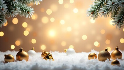 Christmas Holiday background with snow, fir tree and decorations with christmas light behind background, christmas, winter, decoration, red, gold