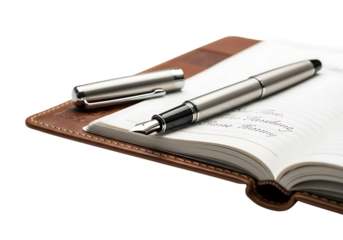 Elegant fountain pen resting on an open notebook with detailed text and cover isolated on transparent background