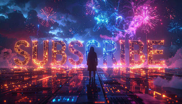 Subscribe Message with Glowing Fireworks and Futuristic Neon Lights – Social Media Growth Concept
