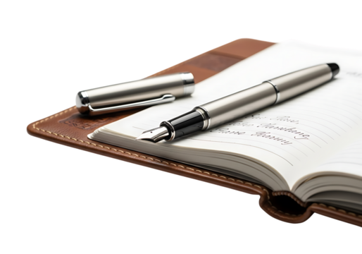 Elegant fountain pen resting on an open notebook with detailed text and cover isolated on transparent background