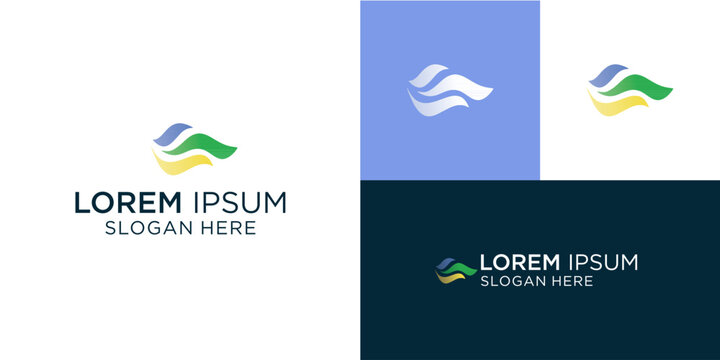 Modern logo design featuring abstract waves in vibrant blue, green, and yellow, perfect for a tech company or environmentally conscious brand looking for a dynamic visual identity