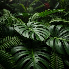 Lush tropical foliage displays deep green hues and fresh water droplets