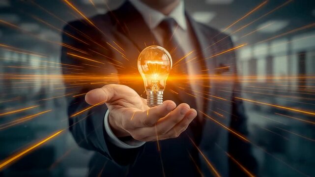 Businessman holding glowing light bulb with energy burst in office showing creativity innovation leadership and bright corporate idea generation concept - Powered by Adobe