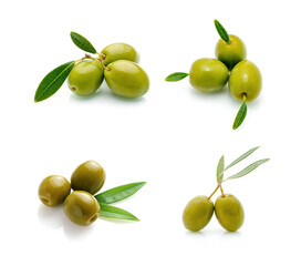 green olives with green leaves isolated on white background.