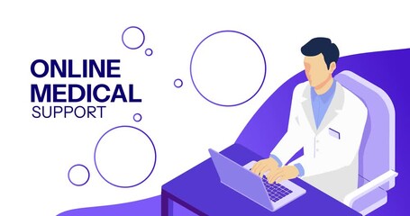 Concept of telemedicine. Moving banner with male doctor in white uniform providing medical care and support online. Remote consultation with therapist. Isometric 3D graphic animated cartoon - Powered by Adobe