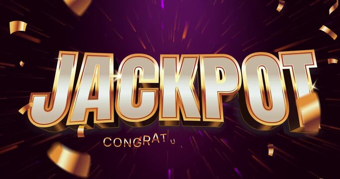 Jackpot concept. Moving Congratulatory banner or Luxury background with gold text, confetti and rays of light. Gambling, lottery or casino winner. Realistic 3D graphic animated cartoon