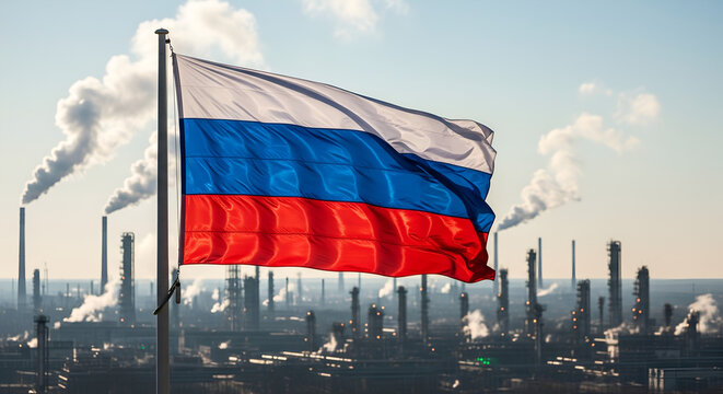 Russia Flag Against Industrial Factory Smoke Stacks - Powered by Adobe