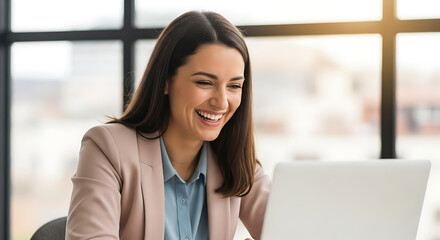 Happy young businesswoman laughing while working on a laptop in a modern, sunlit office.