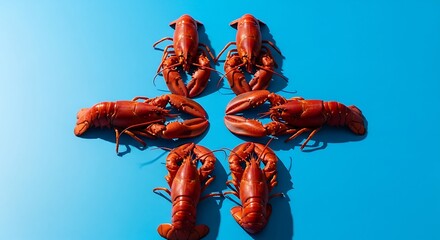 Four cooked crustaceans are arranged in a cross shape against a bright blue background