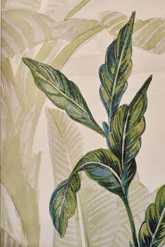 Lush green leaves printed on elegant restaurant wallpaper