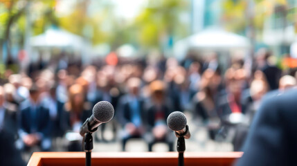 Crowd gathers for an outdoor speech event with microphones ready on stage for the speaker during a sunny day Generative AI