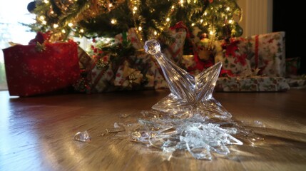 Fototapeta premium Broken glass star ornament lying on wooden floor near decorated Christmas tree with gifts symbolizing fragile holiday moments and emotional festive memories